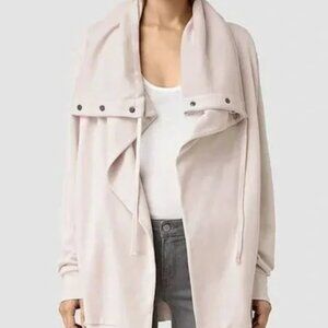 All Saints Brooke Draped Sweat Cardigan, Medium, Pink-Gray